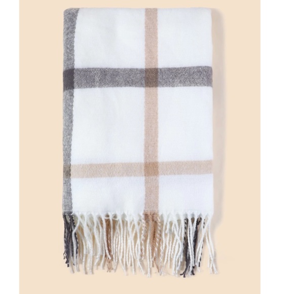 Plaid Knit Wide Scarf White Beige Tan Cream Grey Grid Checkered Tassel Fringe - Picture 8 of 9